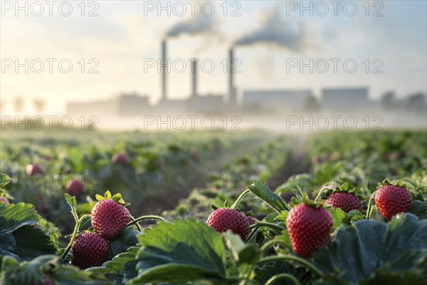 Agricultural field with strawberry fruits and factory with grey fumes in background. Generative Ai,