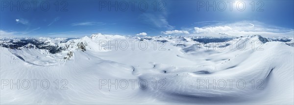 Aerial view, Alpine panorama, Snow-covered glacier plain, Plaine-Morte glacier, Bernese Alps,