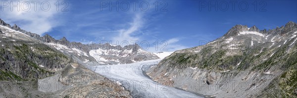 Rhone glacier, valley glacier in the headwaters of the Rhone in the Swiss Alps. Melting glacier,