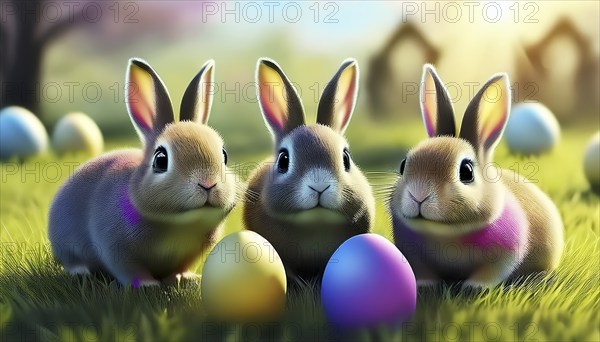Three bunnies as Easter bunnies with colourful Easter eggs in fresh green grass, AI-generated