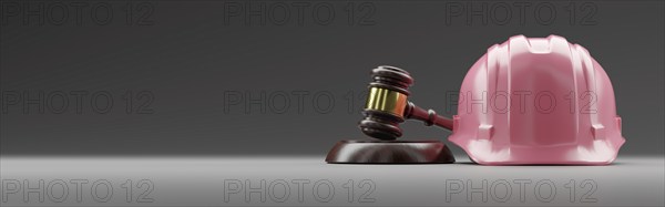 Pink hard hat and gavel on a gradated background banner with room for text or graphics