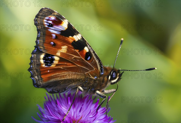 Detailed macro of a peacock butterfly (Aglais io), with a focus on the striking eyes, AI generated