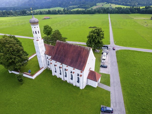 Aerial view of the baroque St. Coloman church near Schwangau in Bavaria, 27.07.2016