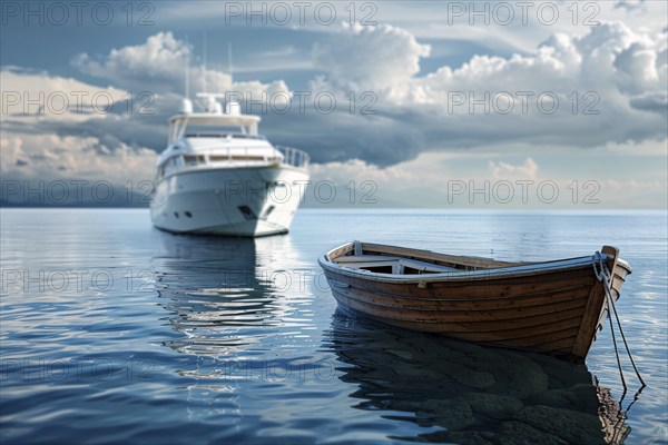 Concept for economic and social inequality showing small poor wooden fishing boat and luxury yacht