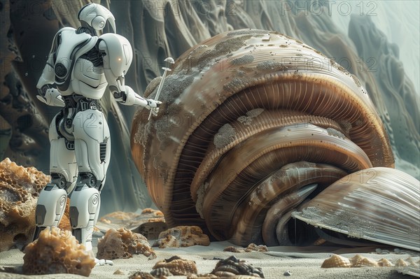Robot collecting samples of giant mussels and tubeworms in the deep sea, AI generated