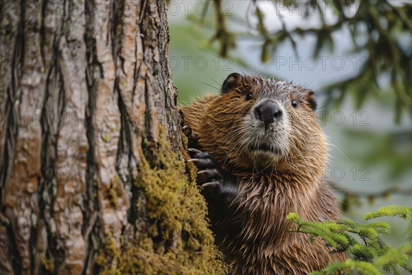 Cute wild beaver leaning on tree. Generative ai, AI generated