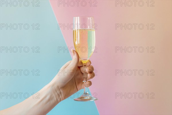 Woman's hand holding champagne glass in front of pastel pink and blue background. KI generiert,