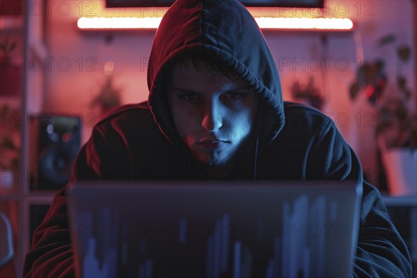 Man covering his face with hoodie in front of laptop. KI generiert, generiert, AI generated