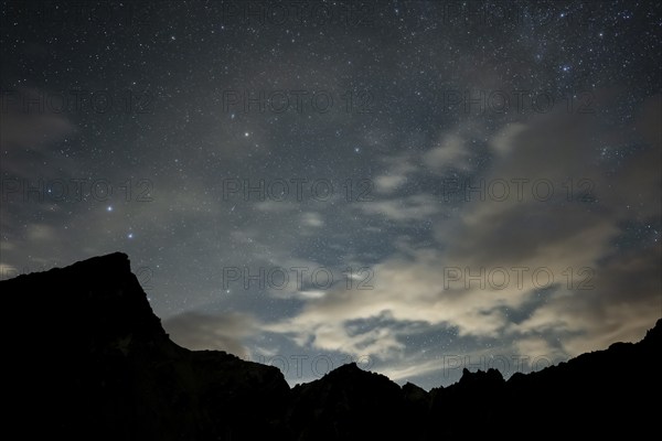 Milky Way and starry sky with Montafon mountains, Tschagguns, Rätikon, Montafon, Vorarlberg,