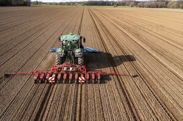 Sugar beet being sown in spring, precision sowing with precision seed drill, behind a tractor,