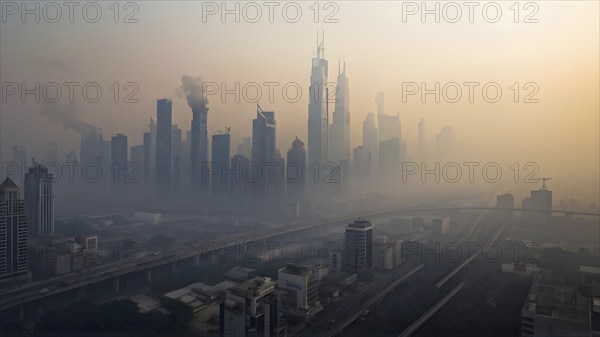 Aerial view of a mega city with smog and pollution, AI generated