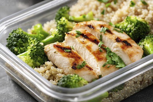 Meal prep with healthy grilled chicken breast, broccoli vegetable and quinoa. Generative Ai, AI