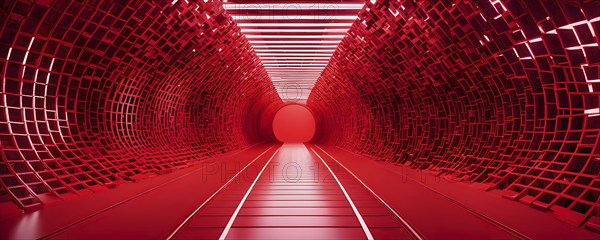 Abstract geometric pattern tunnel structure embodying data streams and communication in red hues,
