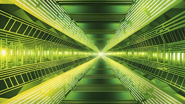 Abstract geometric pattern tunnel structure embodying data streams and communication in green hues,