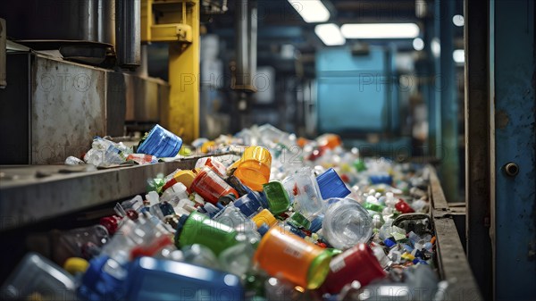 Plastic recycling process with shredded pet bottles and assorted plastic waste compressed, AI