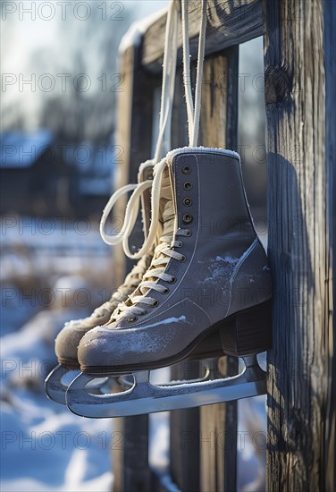 Pair of vintage ice skates hanging by their laces on an old wooden fence with frost and snow gently