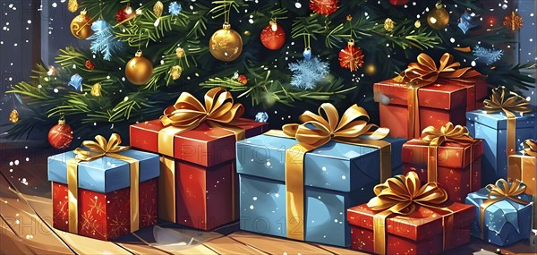 Abstract illustration of wrapped Christmas gifts, shiny ribbons and bows, stacked under a evergreen