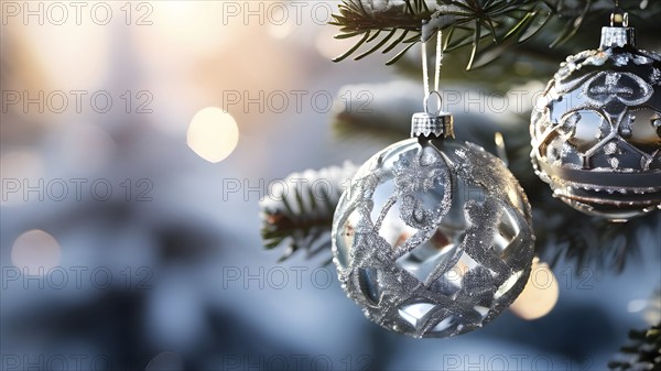 Set of Christmas ornaments hanging on a snow-covered pine tree branch, with frost clinging to the