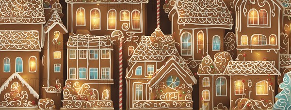 Abstract wallpaper illustration of of gingerbread house decoration, AI generated