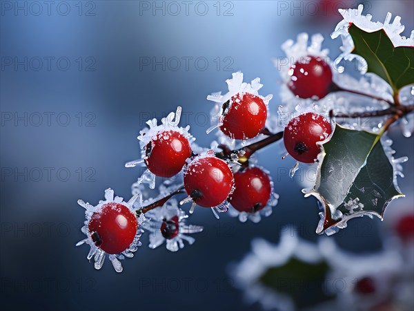 Frosty holly branch with vibrant red berries covered in delicate ice crystals, symbol for upcoming