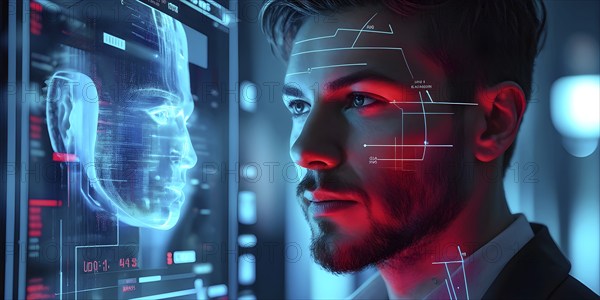 3d digital facial recognition displaying a male face with overlaid ai biometric data, AI generated