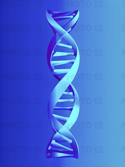 DNA double helix structure against gradient blue background, AI generated