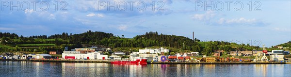 Panorama of Ocean Osprey Offshore Supply Ship in Industrial Zone over FjordSailing, Stavanger,