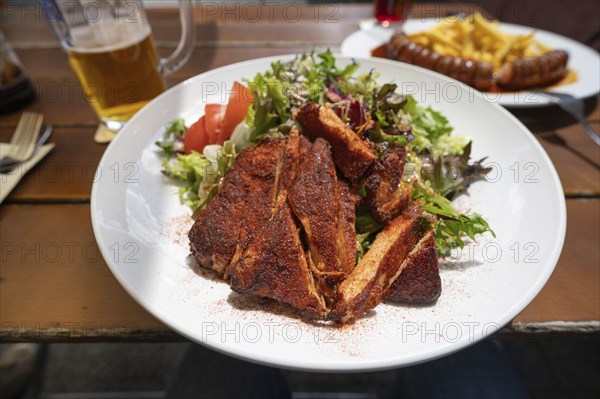 Salad with turkey strips served in a garden tart, Bavaria, Germany, Europe