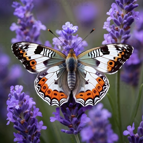 Butterfly resting on a blooming lavender plant, with its delicate wings fully spread and fine