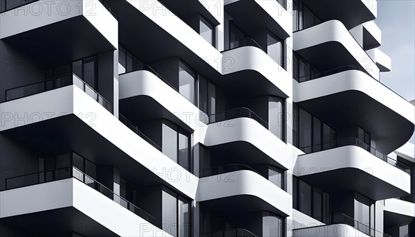 Rendering of a modern real estate apartment building in clean geometric forms in black and white,