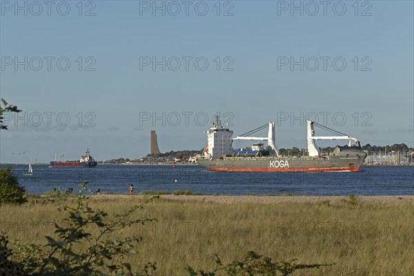 Cargo ships, sailing boat, naval memorial, Laboe, front beach, Friedrichsort, Kiel,