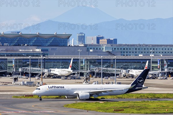 A Lufthansa Airbus A350-900 aircraft with the registration D-AIXJ at Tokyo Haneda Airport, Japan,