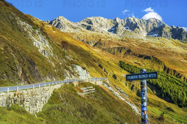 View of road James Bond Street to pass Furkapass, valley of Urserental, Kanton Uri, Swiss Alps,