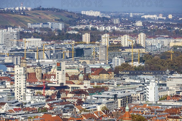 Central station with construction site Stuttgart 21, city centre with collegiate church, town hall