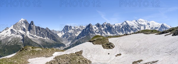 Panorama, Mountain landscape with mountain peak Aiguille Verte, Grandes Jorasses with glacier Mer