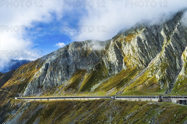 Road to pass Gotthardpass, view of gallery, Valley Leventina, Kanton Tessin, Swiss Alps,