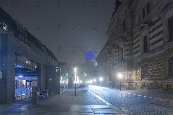 The old town of Dresden shrouded in November fog. Salzgasse with Albertinum, Lipsiusbau octagonal