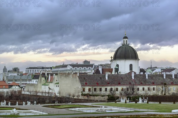 View of the Salesian Church from Belvedere palace garden, Vienna, Austria, Europe