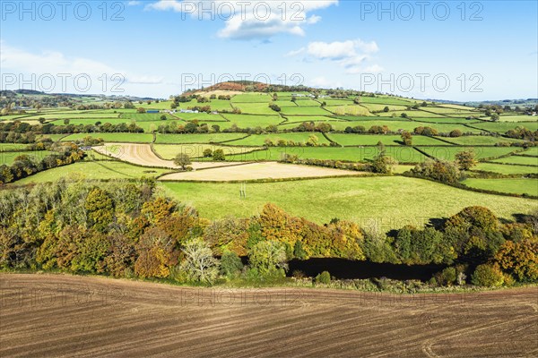 Fields and Farms over River Usk from a drone, Brecon, Brecon Beacons, Powys, Wales, England, United
