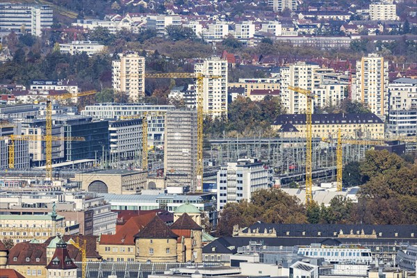 Central station with construction site Stuttgart 21, city centre with collegiate church, town hall