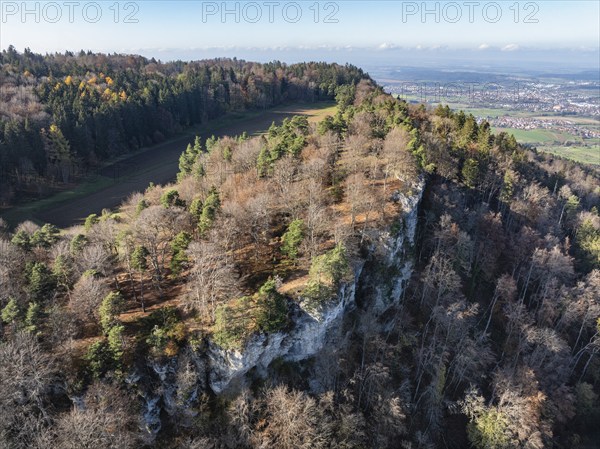 Aerial view of the Hangender Stein natural monument on the eastern edge of the 956 metre high
