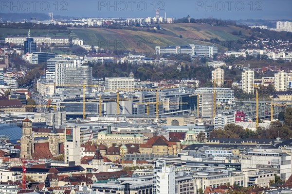 Central station with construction site Stuttgart 21, city centre with collegiate church, town hall