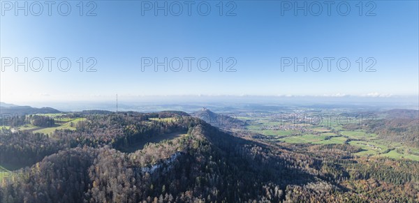 Aerial view, panorama of the Raichberg plateau on the Albtrauf and the witness mountain behind it