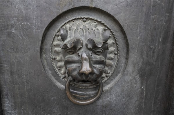 Lion's head as door opener at the entrance portal of St Lorenz Church, Nuremberg, Middle Franconia,