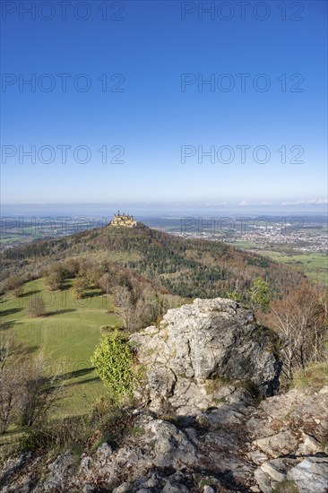 View from the Zeller Horn vantage point on the Albtrauf over the Zollernalb with Hohenzollern