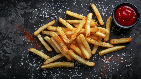 A pile of crispy french fries seasoned with salt, accompanied by a cup of ketchup on a dark