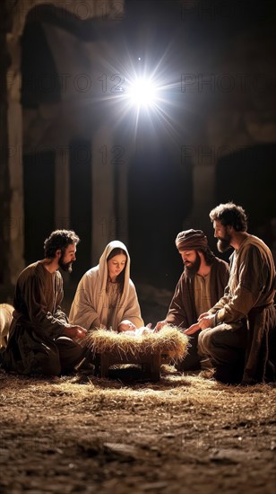 A reverent nativity scene featuring Mary, Joseph, and the baby Jesus illuminated by a bright star