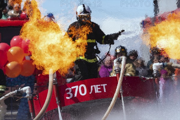 KAMCHATKA PENINSULA, RUSSIA, APR 27, 2019: Rescue firefighter Emercom of Russia flying with