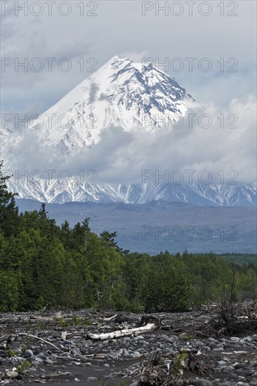 Scenery mountain landscape: beautiful summery view of snowcapped rocky cone of Kamen Volcano on
