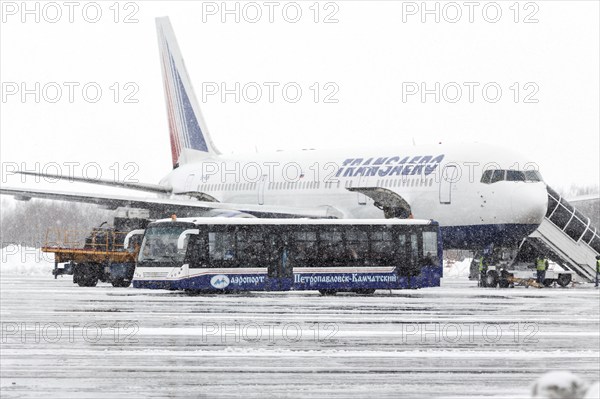PETROPAVLOVSK, KAMCHATKA, RUSSIA, MARCH 19, 2015: Airfield bus labeled Airport
